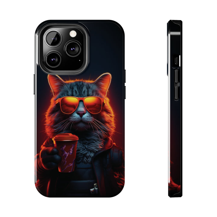 Neon Cool Cat Drinking Coffee Tough iPhone Cases MADEE'S EXCLUSIVES - Madee's Boutique Phone Case Printify Accessories aesthetic mobile coveraesthetic phone casesiPhone 13 Pro