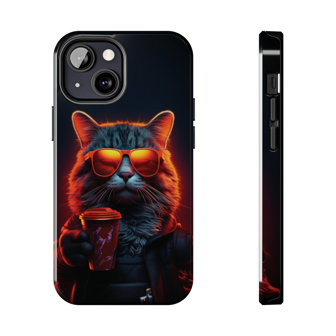 Neon Cool Cat Drinking Coffee Tough iPhone Cases MADEE'S EXCLUSIVES - Madee's Boutique Phone Case Printify Accessories aesthetic mobile coveraesthetic phone casesiPhone 13 Mini