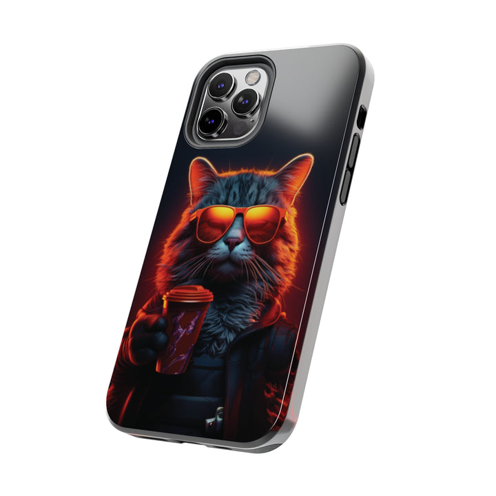 Neon Cool Cat Drinking Coffee Tough iPhone Cases MADEE'S EXCLUSIVES - Madee's Boutique Phone Case Printify Accessories aesthetic mobile coveraesthetic phone casesiPhone 12 Mini