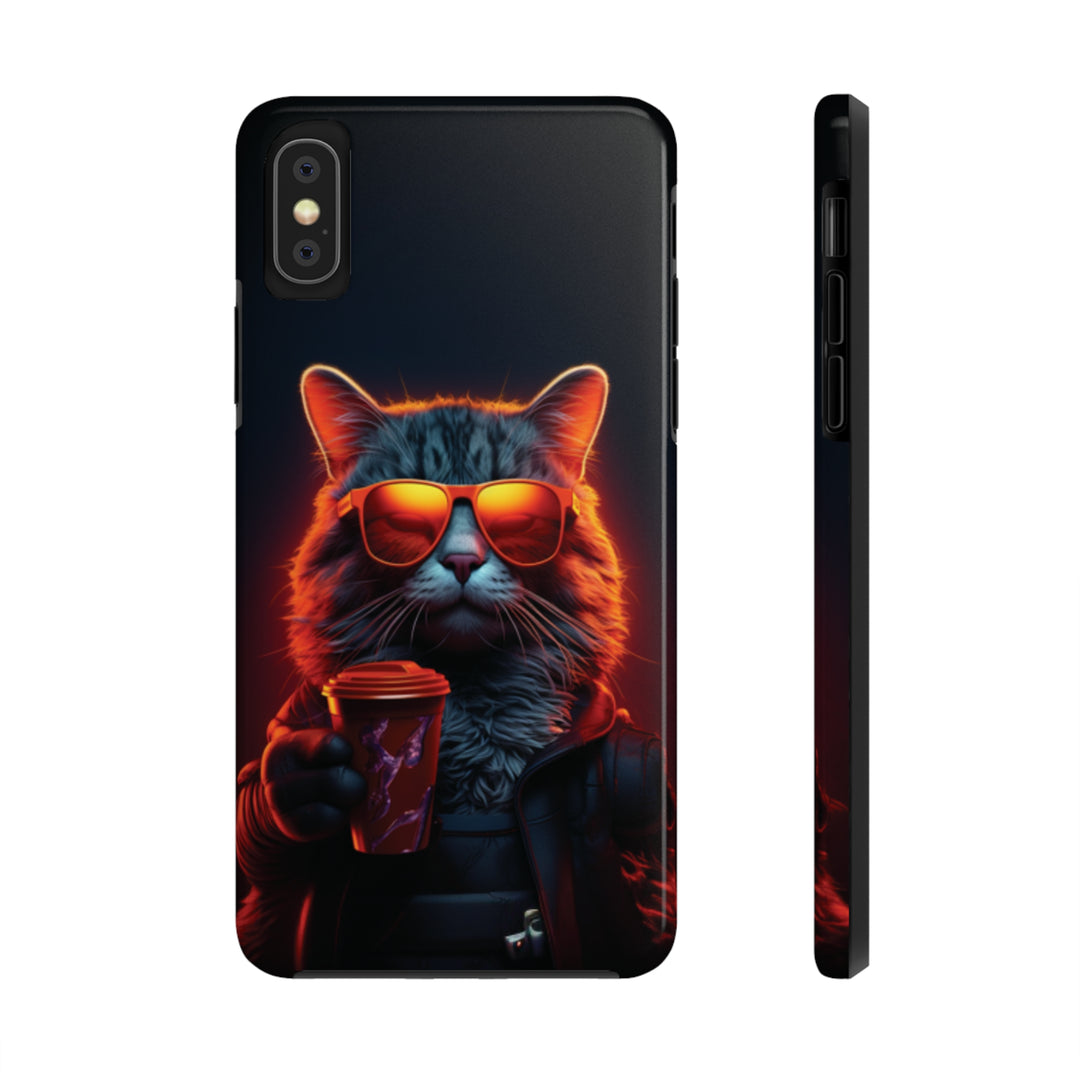 Neon Cool Cat Drinking Coffee Tough iPhone Cases MADEE'S EXCLUSIVES - Madee's Boutique Phone Case Printify Accessories aesthetic mobile coveraesthetic phone casesiPhone X