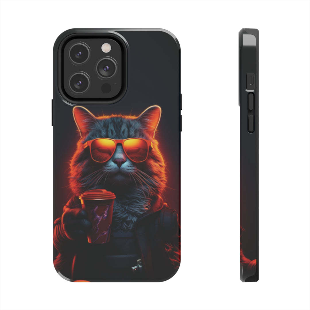 Neon Cool Cat Drinking Coffee Tough iPhone Cases MADEE'S EXCLUSIVES - Madee's Boutique Phone Case Printify Accessories aesthetic mobile coveraesthetic phone casesiPhone 14 Pro Max