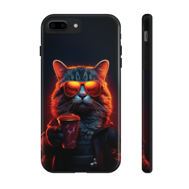 Neon Cool Cat Drinking Coffee Tough iPhone Cases MADEE'S EXCLUSIVES - Madee's Boutique Phone Case Printify Accessories aesthetic mobile coveraesthetic phone casesiPhone 7 Plus, iPhone 8 Plus