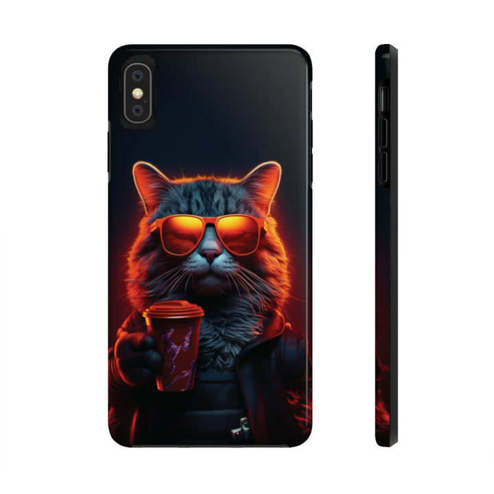 Neon Cool Cat Drinking Coffee Tough iPhone Cases MADEE'S EXCLUSIVES - Madee's Boutique Phone Case Printify Accessories aesthetic mobile coveraesthetic phone casesiPhone XS MAX