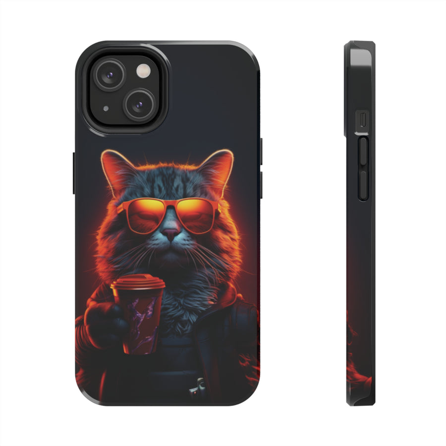 Neon Cool Cat Drinking Coffee Tough iPhone Cases MADEE'S EXCLUSIVES - Madee's Boutique Phone Case Printify Accessories aesthetic mobile coveraesthetic phone casesiPhone 14