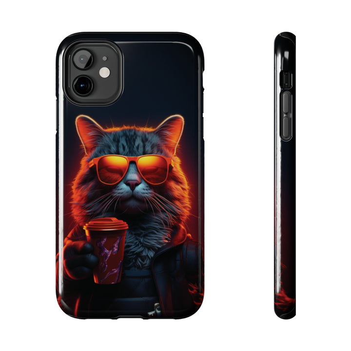 Neon Cool Cat Drinking Coffee Tough iPhone Cases MADEE'S EXCLUSIVES - Madee's Boutique Phone Case Printify Accessories aesthetic mobile coveraesthetic phone casesiPhone 11