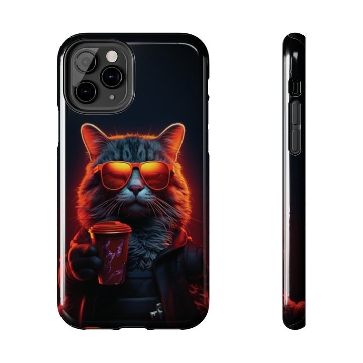 Neon Cool Cat Drinking Coffee Tough iPhone Cases MADEE'S EXCLUSIVES - Madee's Boutique Phone Case Printify Accessories aesthetic mobile coveraesthetic phone casesiPhone 11 Pro