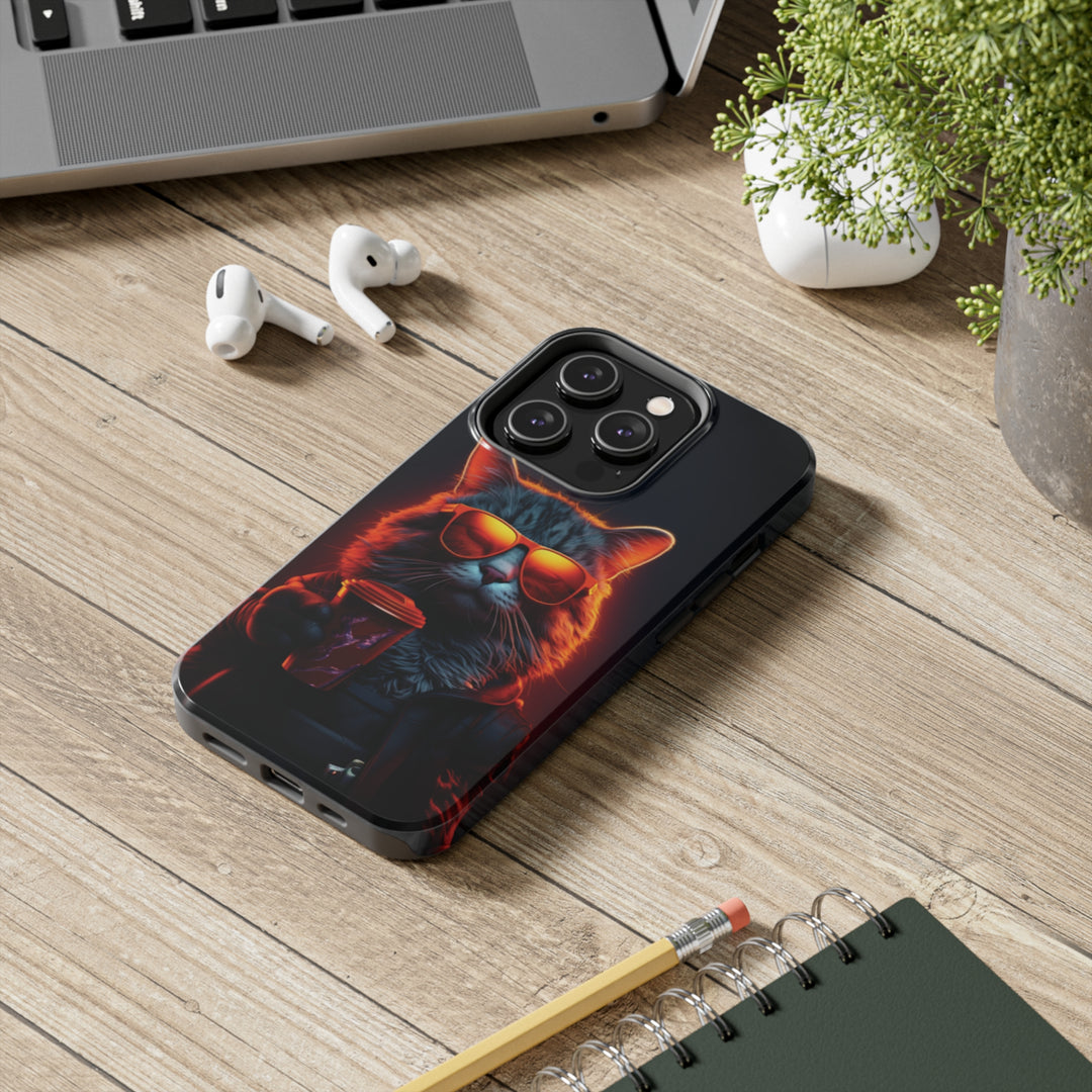 Neon Cool Cat Drinking Coffee Tough iPhone Cases MADEE'S EXCLUSIVES - Madee's Boutique Phone Case Printify Accessories aesthetic mobile coveraesthetic phone casesiPhone 14