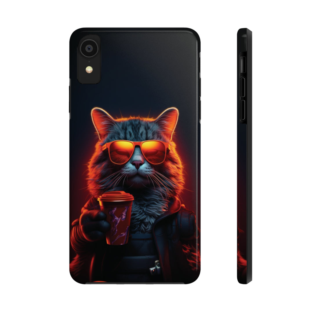 Neon Cool Cat Drinking Coffee Tough iPhone Cases MADEE'S EXCLUSIVES - Madee's Boutique Phone Case Printify Accessories aesthetic mobile coveraesthetic phone casesiPhone XR