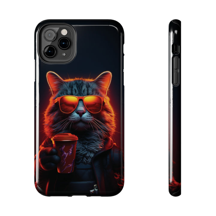 Neon Cool Cat Drinking Coffee Tough iPhone Cases MADEE'S EXCLUSIVES - Madee's Boutique Phone Case Printify Accessories aesthetic mobile coveraesthetic phone casesiPhone 11 Pro Max