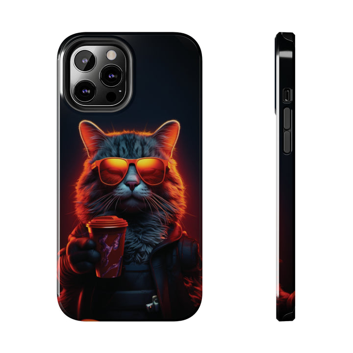 Neon Cool Cat Drinking Coffee Tough iPhone Cases MADEE'S EXCLUSIVES - Madee's Boutique Phone Case Printify Accessories aesthetic mobile coveraesthetic phone casesiPhone 12 Pro Max