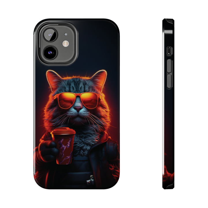 Neon Cool Cat Drinking Coffee Tough iPhone Cases MADEE'S EXCLUSIVES - Madee's Boutique Phone Case Printify Accessories aesthetic mobile coveraesthetic phone casesiPhone 12