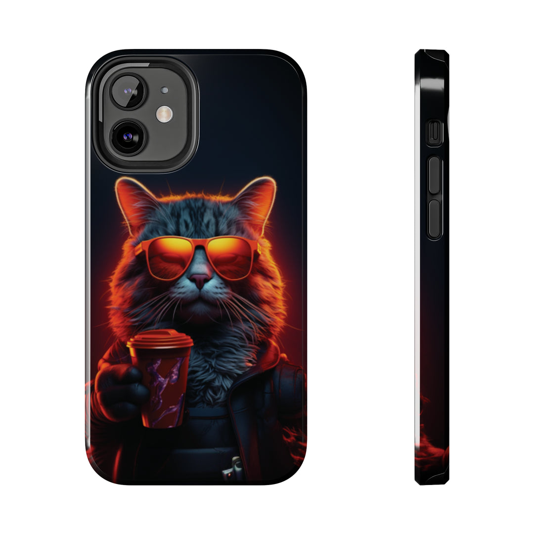 Neon Cool Cat Drinking Coffee Tough iPhone Cases MADEE'S EXCLUSIVES - Madee's Boutique Phone Case Printify Accessories aesthetic mobile coveraesthetic phone casesiPhone 12 Mini