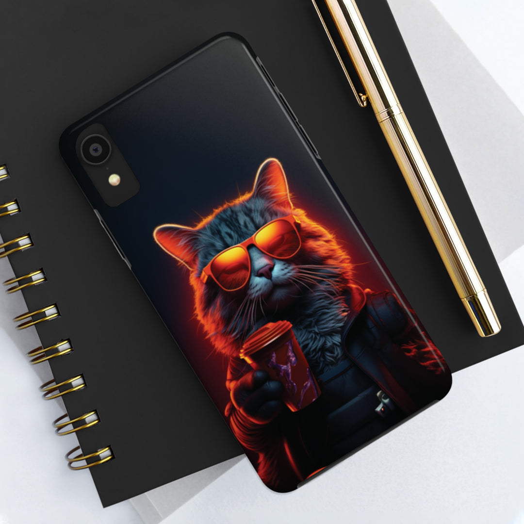 Neon Cool Cat Drinking Coffee Tough iPhone Cases MADEE'S EXCLUSIVES - Madee's Boutique Phone Case Printify Accessories aesthetic mobile coveraesthetic phone casesiPhone 14