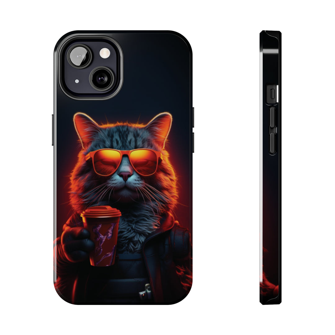 Neon Cool Cat Drinking Coffee Tough iPhone Cases MADEE'S EXCLUSIVES - Madee's Boutique Phone Case Printify Accessories aesthetic mobile coveraesthetic phone casesiPhone 13