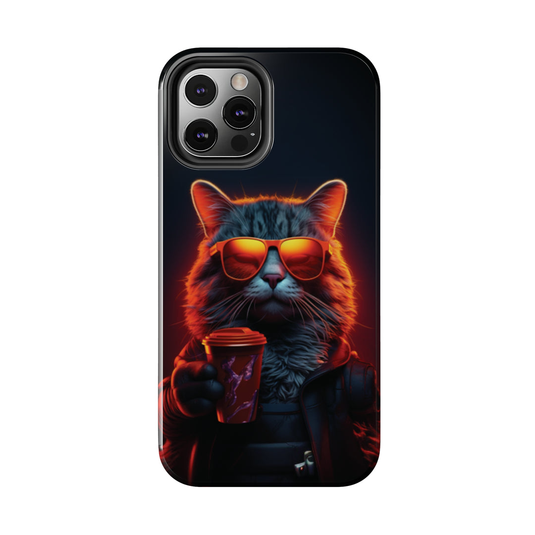 Neon Cool Cat Drinking Coffee Tough iPhone Cases MADEE'S EXCLUSIVES - Madee's Boutique Phone Case Printify Accessories aesthetic mobile coveraesthetic phone casesiPhone 12 Mini