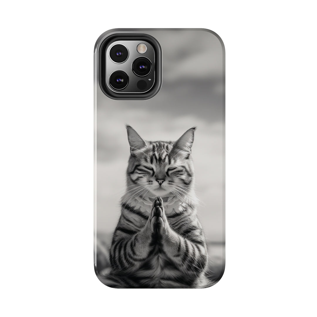 Meditation Cat Black and White Tough iPhone Cases MADEE'S EXCLUSIVES - Madee's Boutique Phone Case Printify Accessories aesthetic mobile coveraesthetic phone casesiPhone 12 Mini