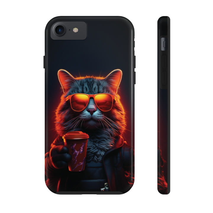 Neon Cool Cat Drinking Coffee Tough iPhone Cases MADEE'S EXCLUSIVES - Madee's Boutique Phone Case Printify Accessories aesthetic mobile coveraesthetic phone casesiPhone 7, iPhone 8, iPhone SE