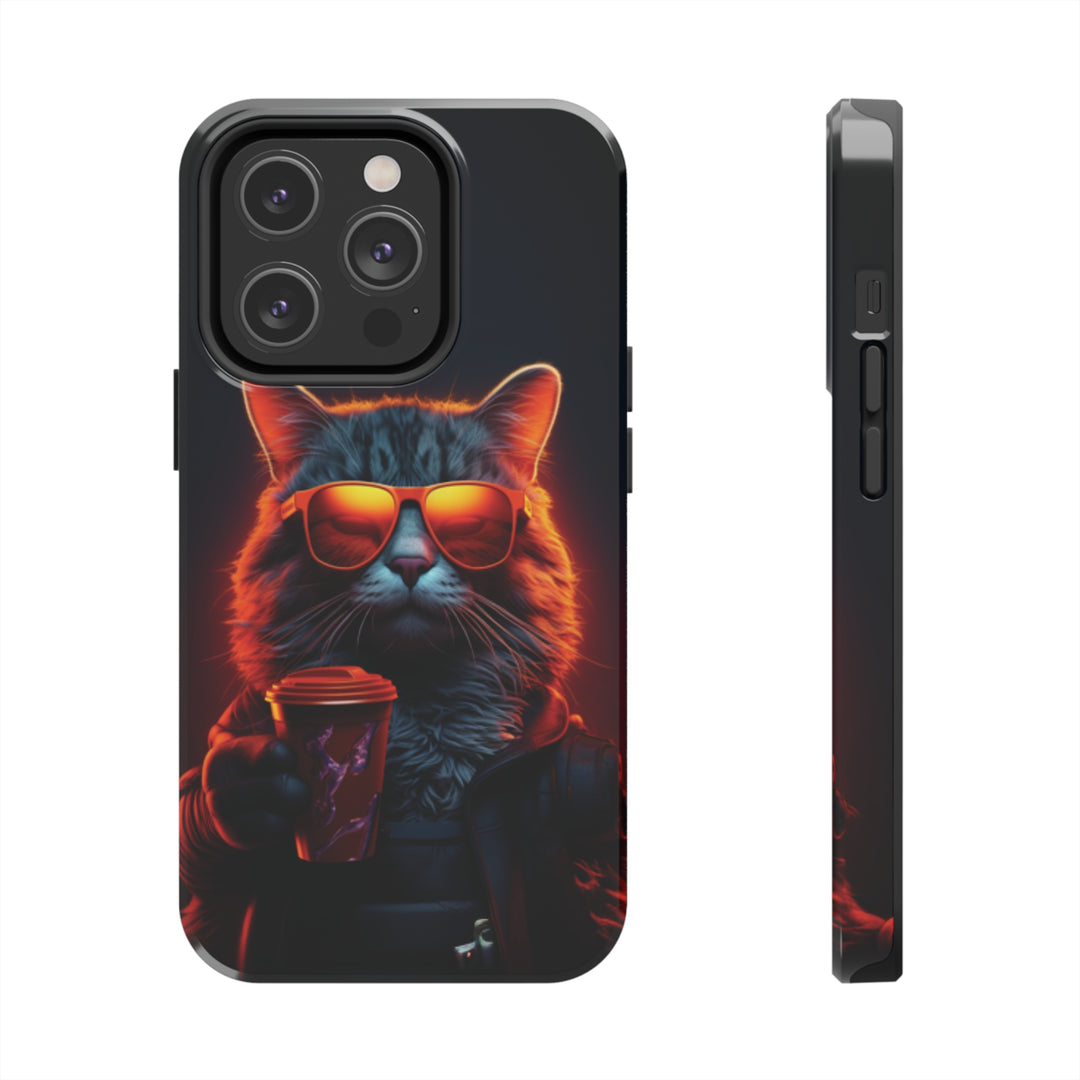 Neon Cool Cat Drinking Coffee Tough iPhone Cases MADEE'S EXCLUSIVES - Madee's Boutique Phone Case Printify Accessories aesthetic mobile coveraesthetic phone casesiPhone 14 Pro