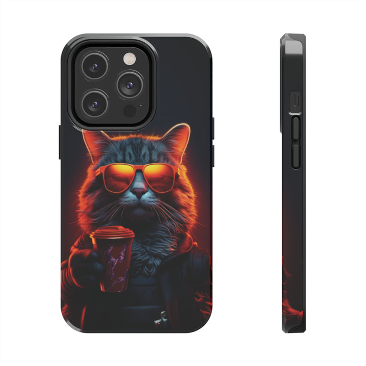 Neon Cool Cat Drinking Coffee Tough iPhone Cases MADEE'S EXCLUSIVES - Madee's Boutique Phone Case Printify Accessories aesthetic mobile coveraesthetic phone casesiPhone 14 Pro