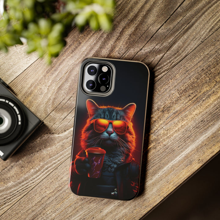 Neon Cool Cat Drinking Coffee Tough iPhone Cases MADEE'S EXCLUSIVES - Madee's Boutique Phone Case Printify Accessories aesthetic mobile coveraesthetic phone casesiPhone 14