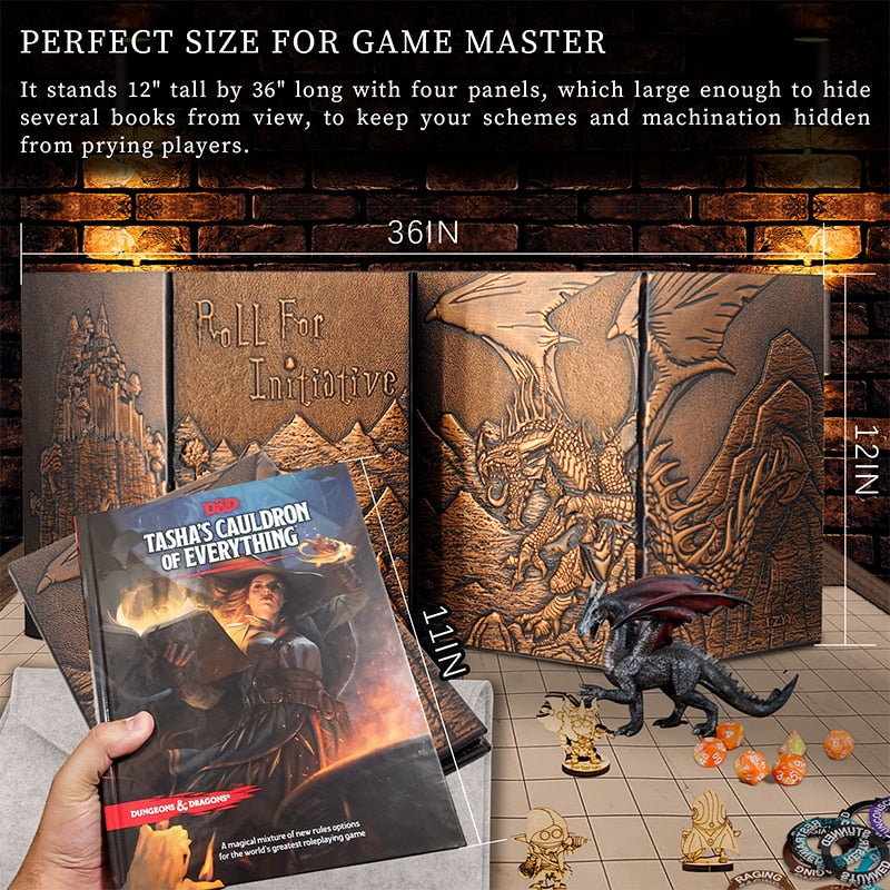 DND Dungeon Master Screen Faux Leather Embossed Dragon & Mimic, Four - Panel with Pockets DM Screen for Dungeons and Dragon - Madee's Boutique Madee's Boutique DS 5e dungeon master screen ad&d 1st edition dm screenad&d 2e dm screen