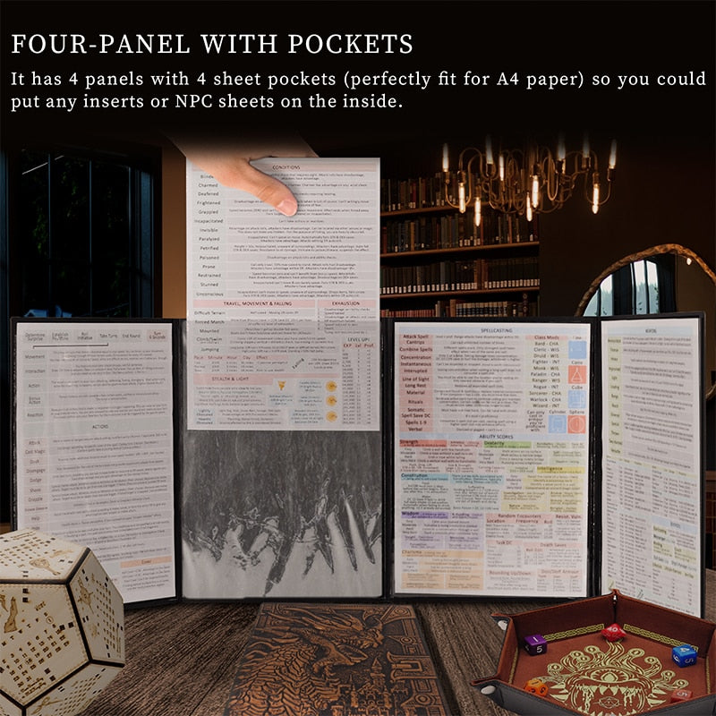 DND Dungeon Master Screen Faux Leather Embossed Dragon & Mimic, Four - Panel with Pockets DM Screen for Dungeons and Dragon - Madee's Boutique Madee's Boutique DS 5e dungeon master screen ad&d 1st edition dm screenad&d 2e dm screen