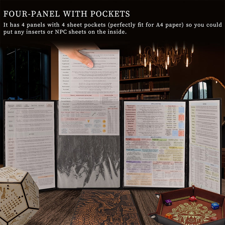 DND Dungeon Master Screen Faux Leather Embossed Dragon & Mimic, Four - Panel with Pockets DM Screen for Dungeons and Dragon - Madee's Boutique Madee's Boutique DS 5e dungeon master screen ad&d 1st edition dm screenad&d 2e dm screen