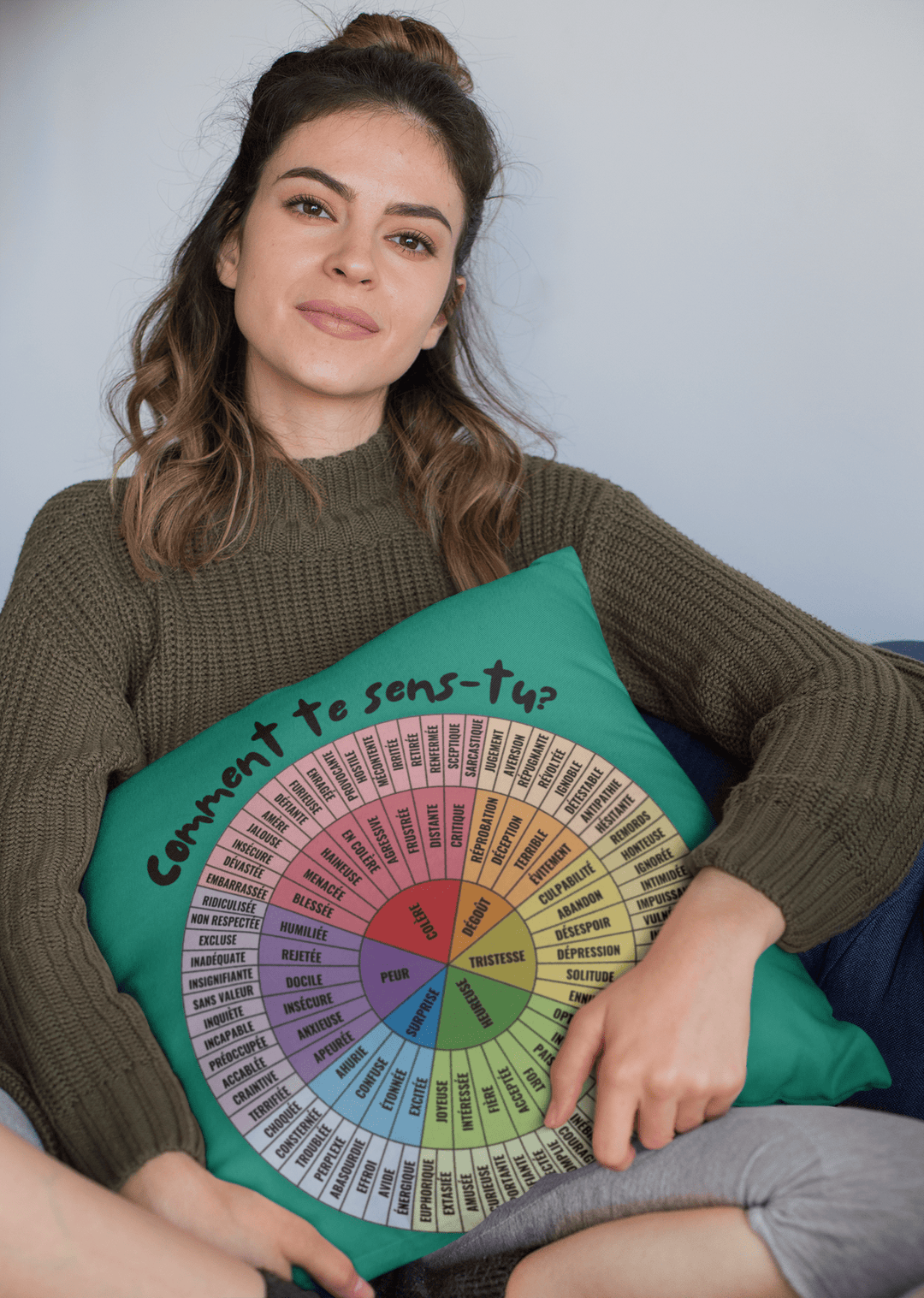 Emotion Wheel Cushion Cover Customizable Bilingual French & English: Double - Sided Print for Emotional Support Gifts, 18x18" (Pillow Cover) - Madee's Boutique Home Decor Madee's Boutique Accessoires pour bureau thérapeutique Add a NameAide à la régulation émotionnelleTurquoise18x18in (45x45cm)