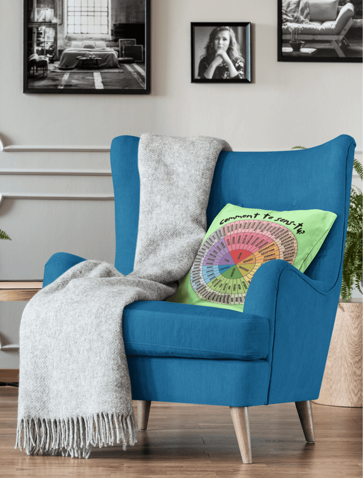 Emotion Wheel Cushion Cover Customizable Bilingual French & English: Double - Sided Print for Emotional Support Gifts, 18x18" (Pillow Cover) - Madee's Boutique Home Decor Madee's Boutique Accessoires pour bureau thérapeutique Add a NameAide à la régulation émotionnelleLime Green18x18in (45x45cm)