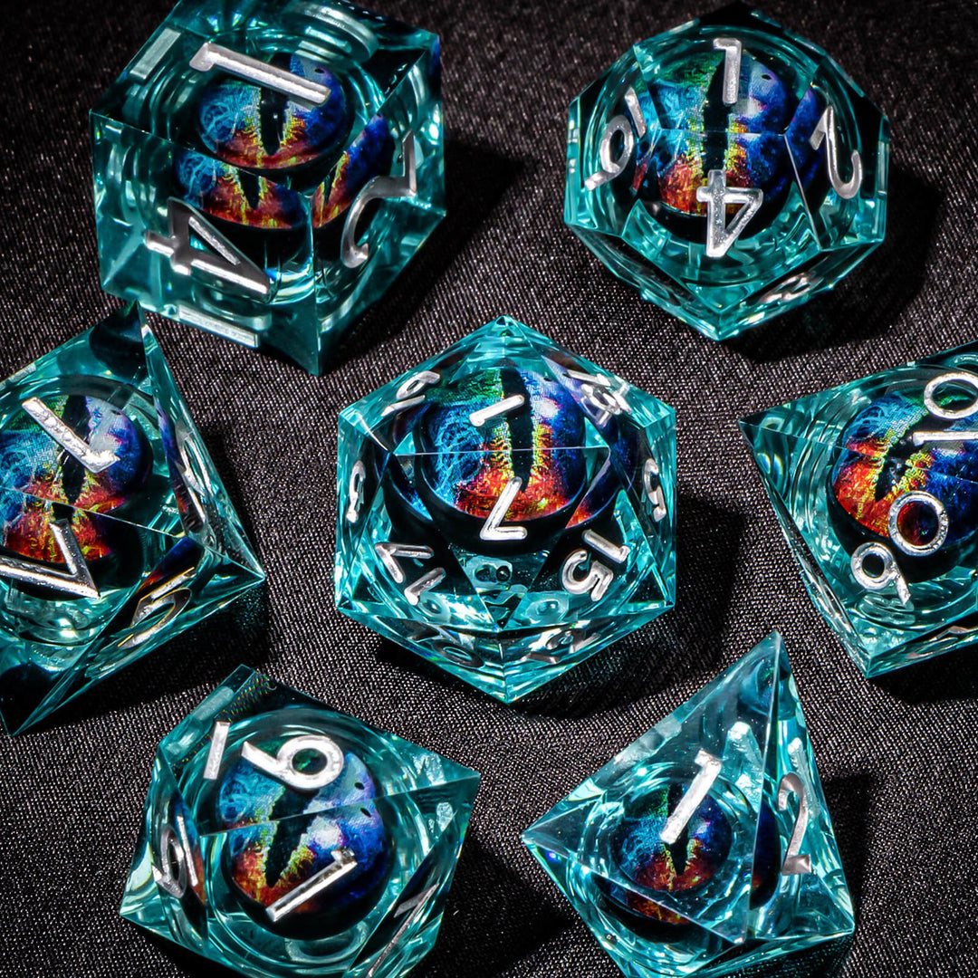 7pc DnD Dice Set Dragon Eye Liquid Core Resin Sharp Edge Dice Set, Dungeons and Dragons Dice Rolling D20 D12 D10 D8 D6 DandD Dice Collection - Madee's Boutique Madee's Boutique DS 10 sided dice 100 sided dice12 sided diceAZ09