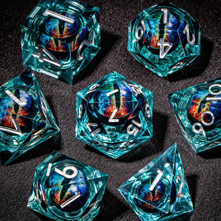 7pc DnD Dice Set Dragon Eye Liquid Core Resin Sharp Edge Dice Set, Dungeons and Dragons Dice Rolling D20 D12 D10 D8 D6 DandD Dice Collection - Madee's Boutique Madee's Boutique DS 10 sided dice 100 sided dice12 sided diceAZ09