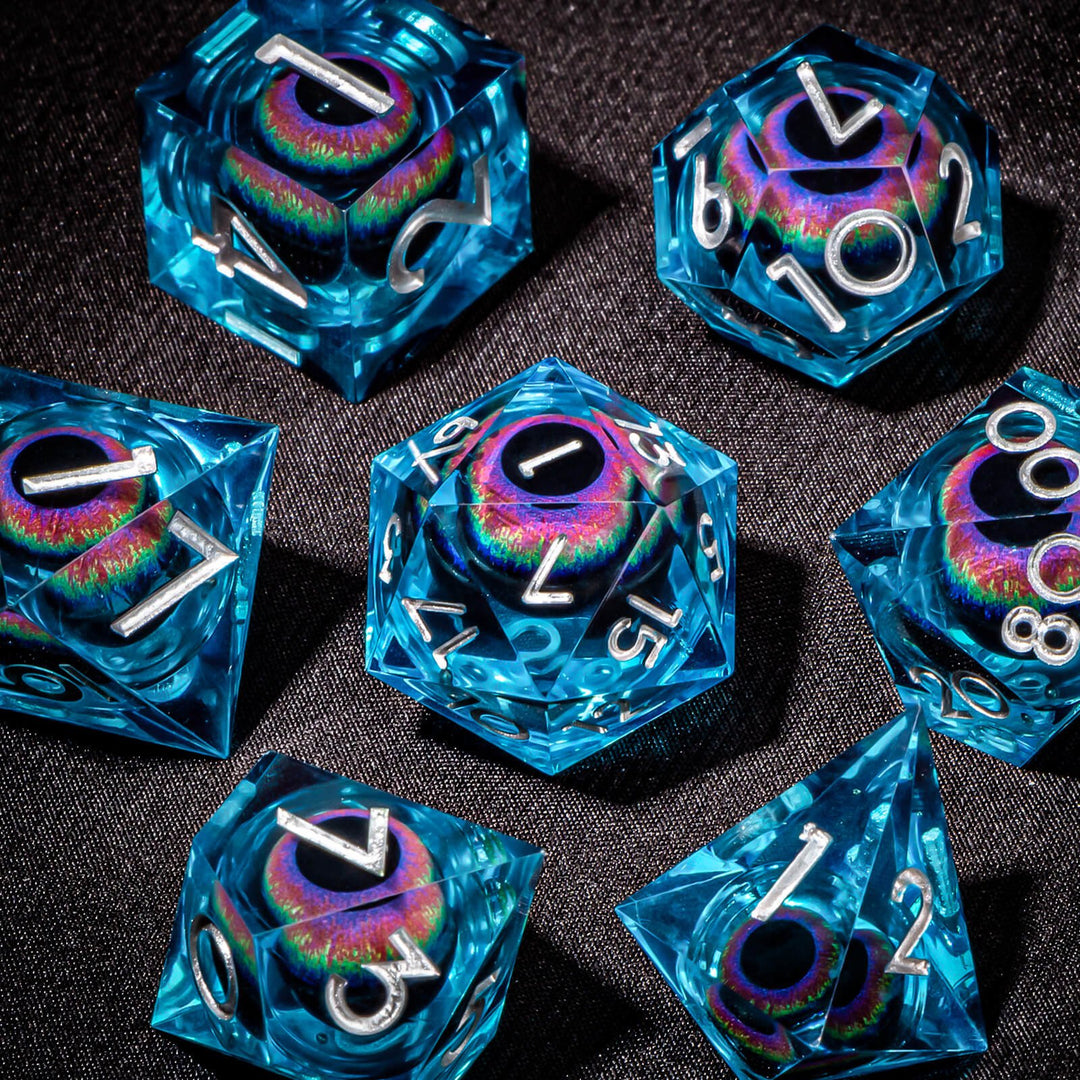 7pc DnD Dice Set Dragon Eye Liquid Core Resin Sharp Edge Dice Set, Dungeons and Dragons Dice Rolling D20 D12 D10 D8 D6 DandD Dice Collection - Madee's Boutique Madee's Boutique DS 10 sided dice 100 sided dice12 sided diceAZ09