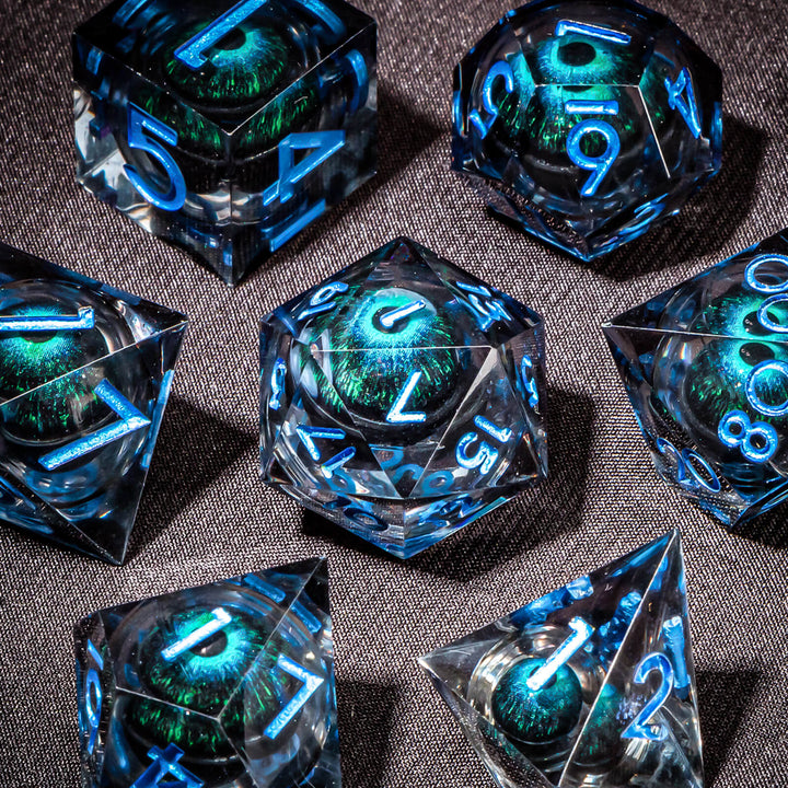 7pc DnD Dice Set Dragon Eye Liquid Core Resin Sharp Edge Dice Set, Dungeons and Dragons Dice Rolling D20 D12 D10 D8 D6 DandD Dice Collection - Madee's Boutique Madee's Boutique DS 10 sided dice 100 sided dice12 sided diceAZ10
