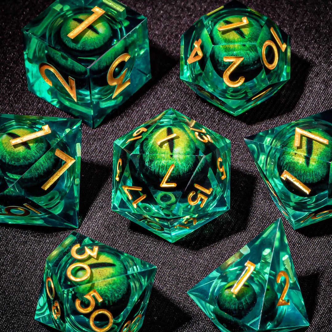 7pc DnD Dice Set Dragon Eye Liquid Core Resin Sharp Edge Dice Set, Dungeons and Dragons Dice Rolling D20 D12 D10 D8 D6 DandD Dice Collection - Madee's Boutique Madee's Boutique DS 10 sided dice 100 sided dice12 sided diceAZ08