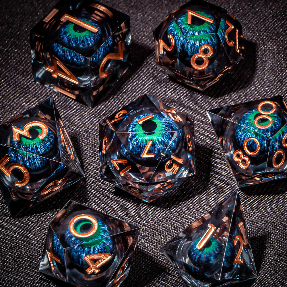 7pc DnD Dice Set Dragon Eye Liquid Core Resin Sharp Edge Dice Set, Dungeons and Dragons Dice Rolling D20 D12 D10 D8 D6 DandD Dice Collection - Madee's Boutique Madee's Boutique DS 10 sided dice 100 sided dice12 sided diceAZ03