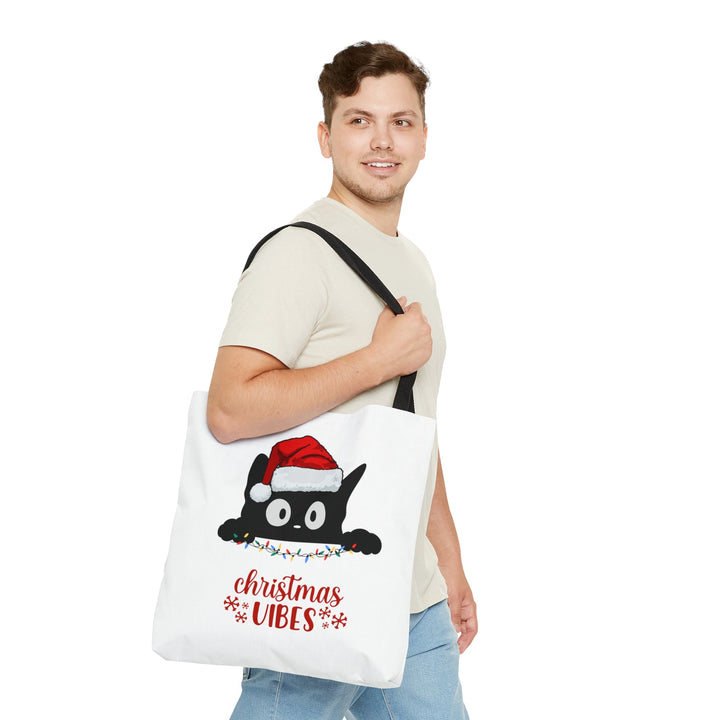 Christmas Cat Tote bag Christmas Vibes Small Medium Large - Madee's Boutique Bags Printify Accessories All Over PrintAssembled in the USASmallWhite