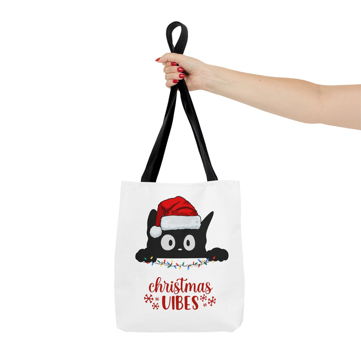 Christmas Cat Tote bag Christmas Vibes Small Medium Large - Madee's Boutique Bags Printify Accessories All Over PrintAssembled in the USASmallWhite