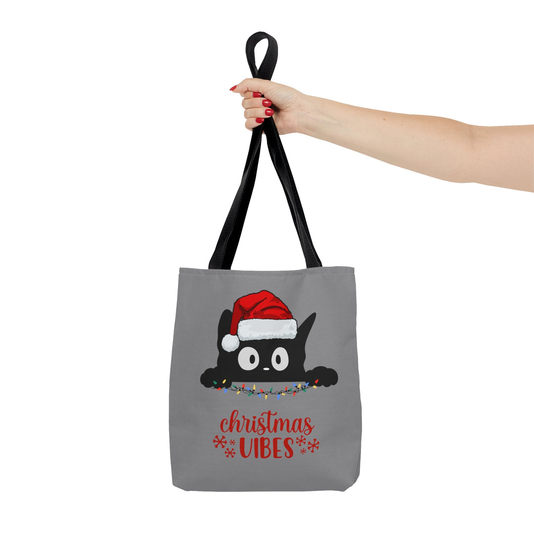 Christmas Cat Tote bag Christmas Vibes Small Medium Large - Madee's Boutique Bags Printify Accessories All Over PrintAssembled in the USASmallGrey