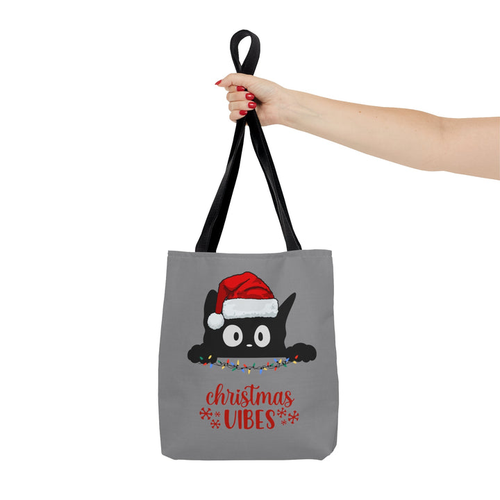Christmas Cat Tote bag Christmas Vibes Small Medium Large - Madee's Boutique Bags Printify Accessories All Over PrintAssembled in the USASmallGrey