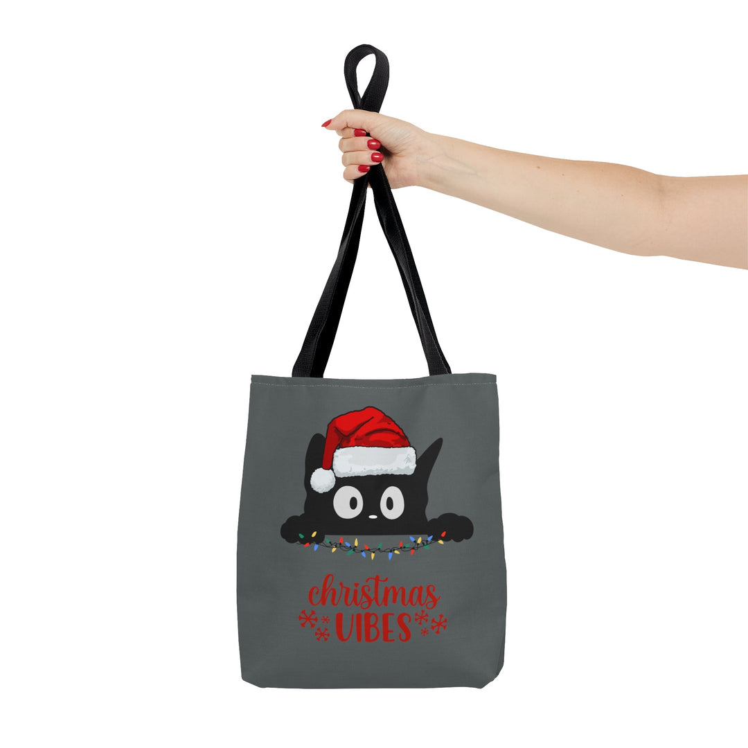 Christmas Cat Tote bag Christmas Vibes Small Medium Large - Madee's Boutique Bags Printify Accessories All Over PrintAssembled in the USASmallDark Grey