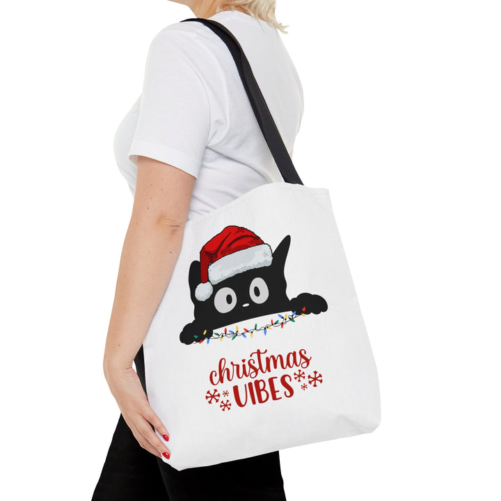Christmas Cat Tote bag Christmas Vibes Small Medium Large - Madee's Boutique Bags Printify Accessories All Over PrintAssembled in the USAMediumWhite