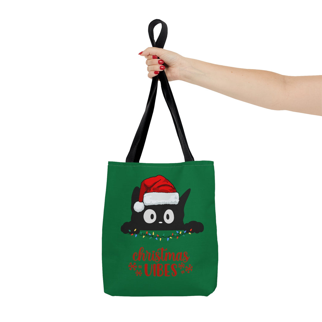 Christmas Cat Tote bag Christmas Vibes Small Medium Large - Madee's Boutique Bags Printify Accessories All Over PrintAssembled in the USASmallDark Green