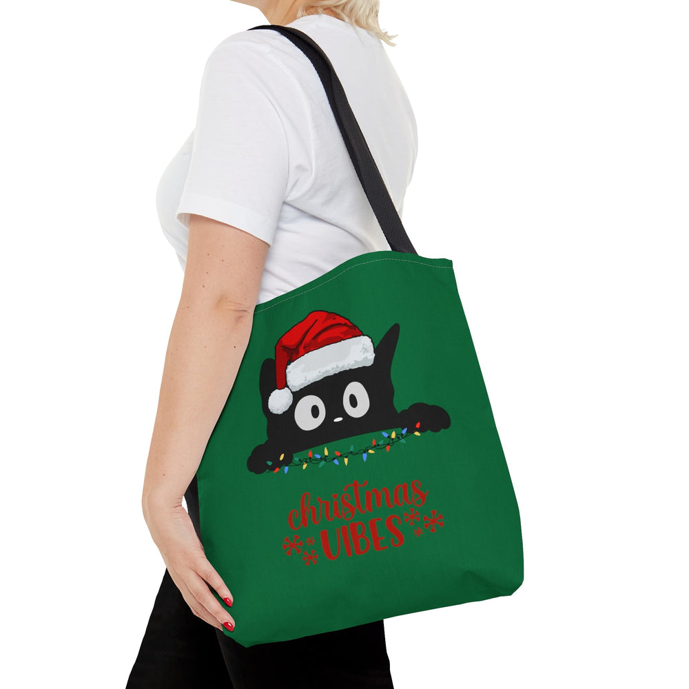 Christmas Cat Tote bag Christmas Vibes Small Medium Large - Madee's Boutique Bags Printify Accessories All Over PrintAssembled in the USAMediumWhite