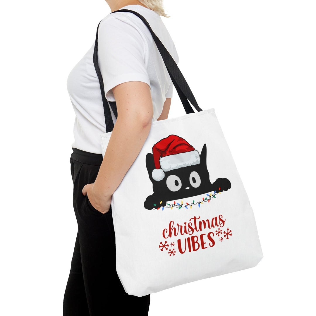 Christmas Cat Tote bag Christmas Vibes Small Medium Large - Madee's Boutique Bags Printify Accessories All Over PrintAssembled in the USASmallWhite