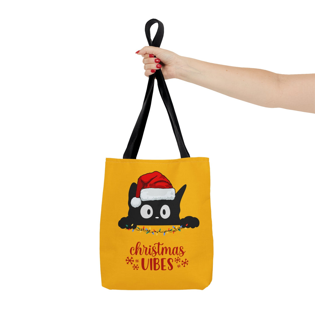 Christmas Cat Tote bag Christmas Vibes Small Medium Large - Madee's Boutique Bags Printify Accessories All Over PrintAssembled in the USASmallYellow
