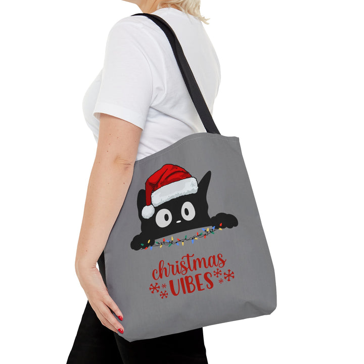 Christmas Cat Tote bag Christmas Vibes Small Medium Large - Madee's Boutique Bags Printify Accessories All Over PrintAssembled in the USAMediumWhite