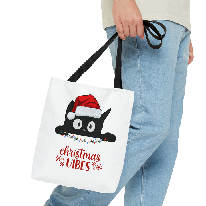 Christmas Cat Tote bag Christmas Vibes Small Medium Large - Madee's Boutique Bags Printify Accessories All Over PrintAssembled in the USASmallWhite
