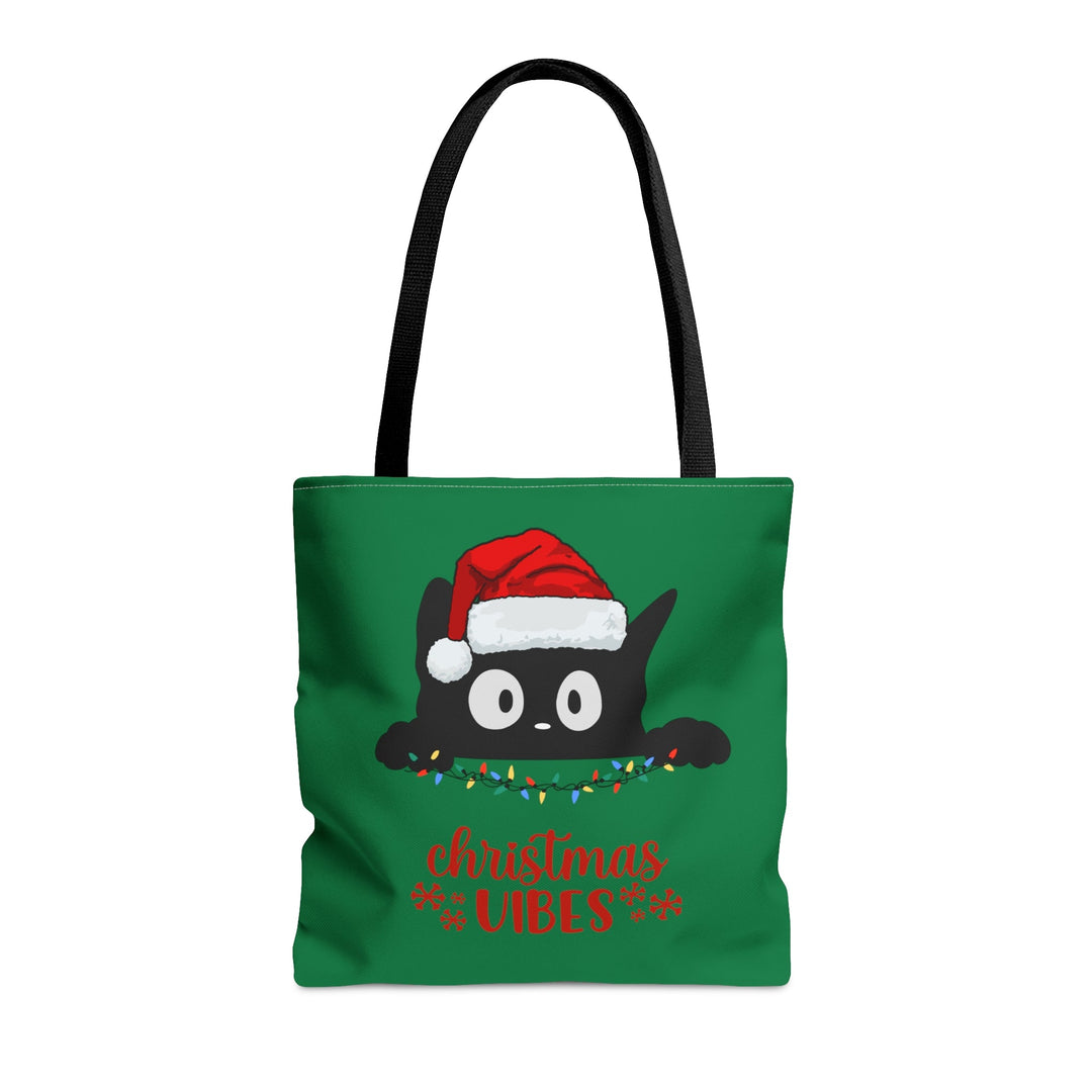 Christmas Cat Tote bag Christmas Vibes Small Medium Large - Madee's Boutique Bags Printify Accessories All Over PrintAssembled in the USAMediumDark Green