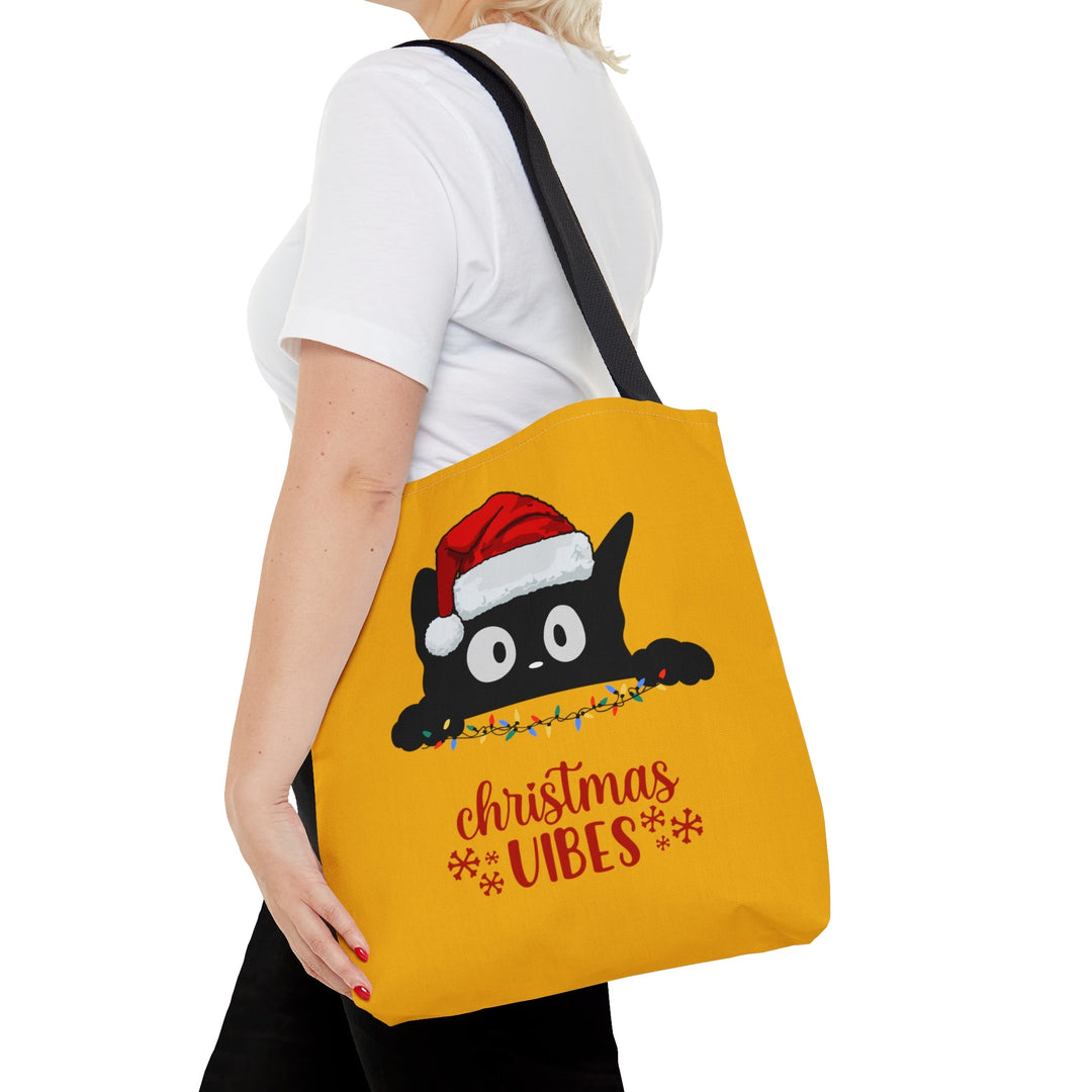 Christmas Cat Tote bag Christmas Vibes Small Medium Large - Madee's Boutique Bags Printify Accessories All Over PrintAssembled in the USAMediumWhite