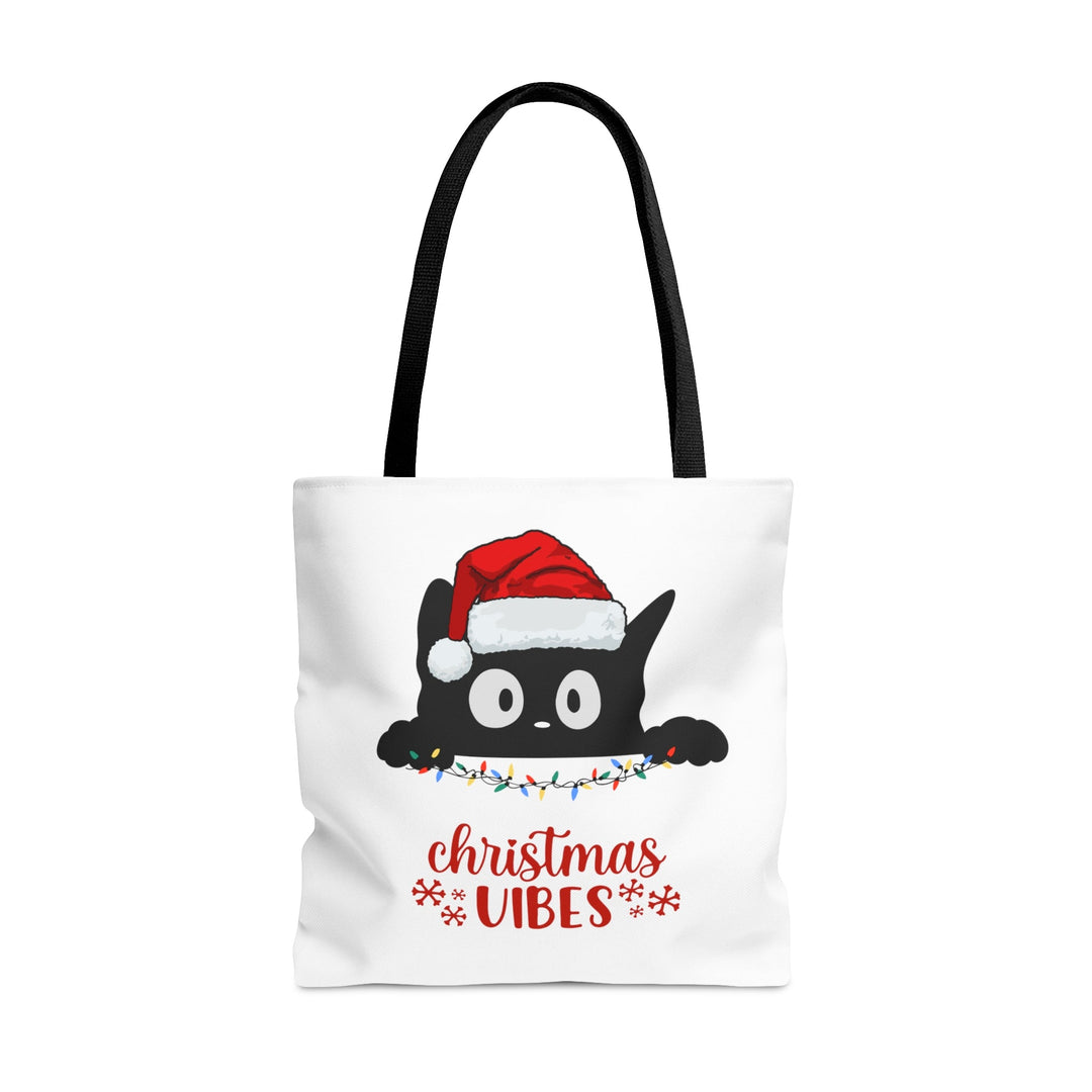 Christmas Cat Tote bag Christmas Vibes Small Medium Large - Madee's Boutique Bags Printify Accessories All Over PrintAssembled in the USALargeWhite